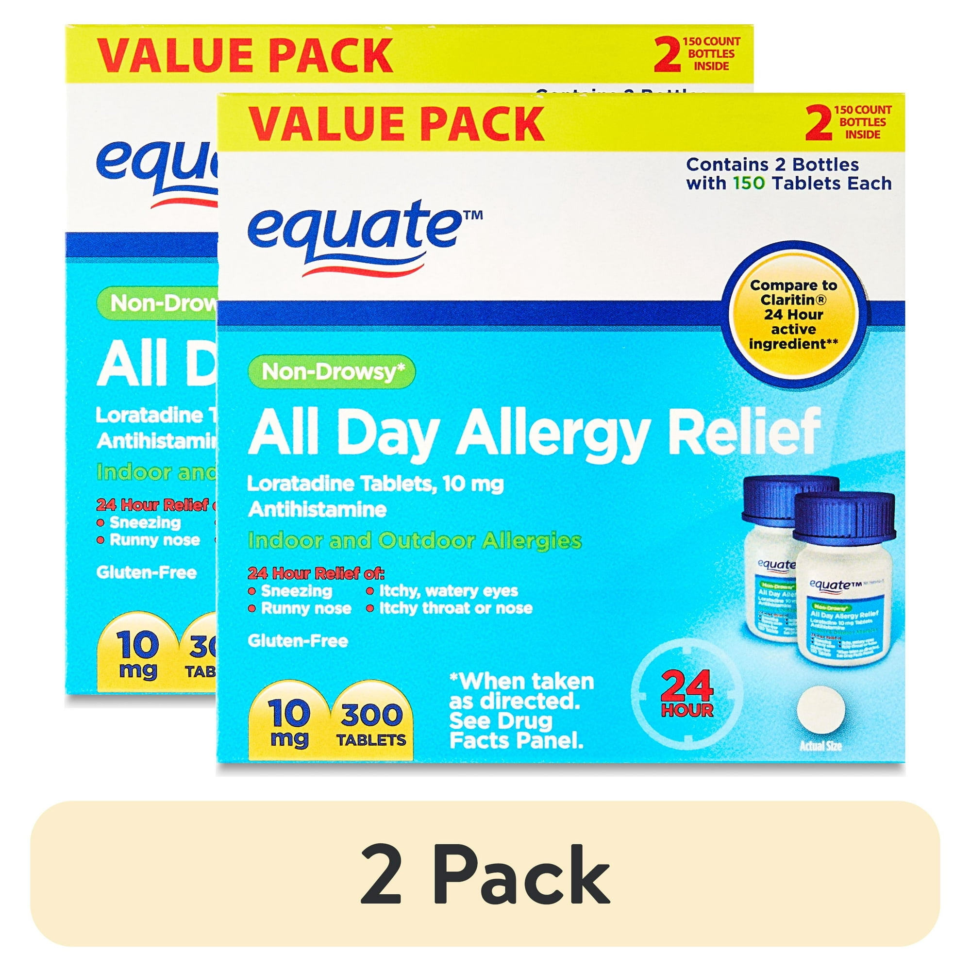(2 pack) Equate Non-Drowsy All Day Allergy Relief Loratadine 10 mg Tablets Antihistamine, 300 Count, Compare to ClaritinÂ® 24 Hour Active Ingredient