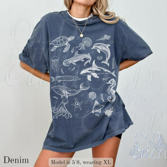 Ocean Sea Life Graphic Print T-Shirt | Vintage Marine Animals Tee | Sea Turtle Dolphin Whale Retro Unisex Top