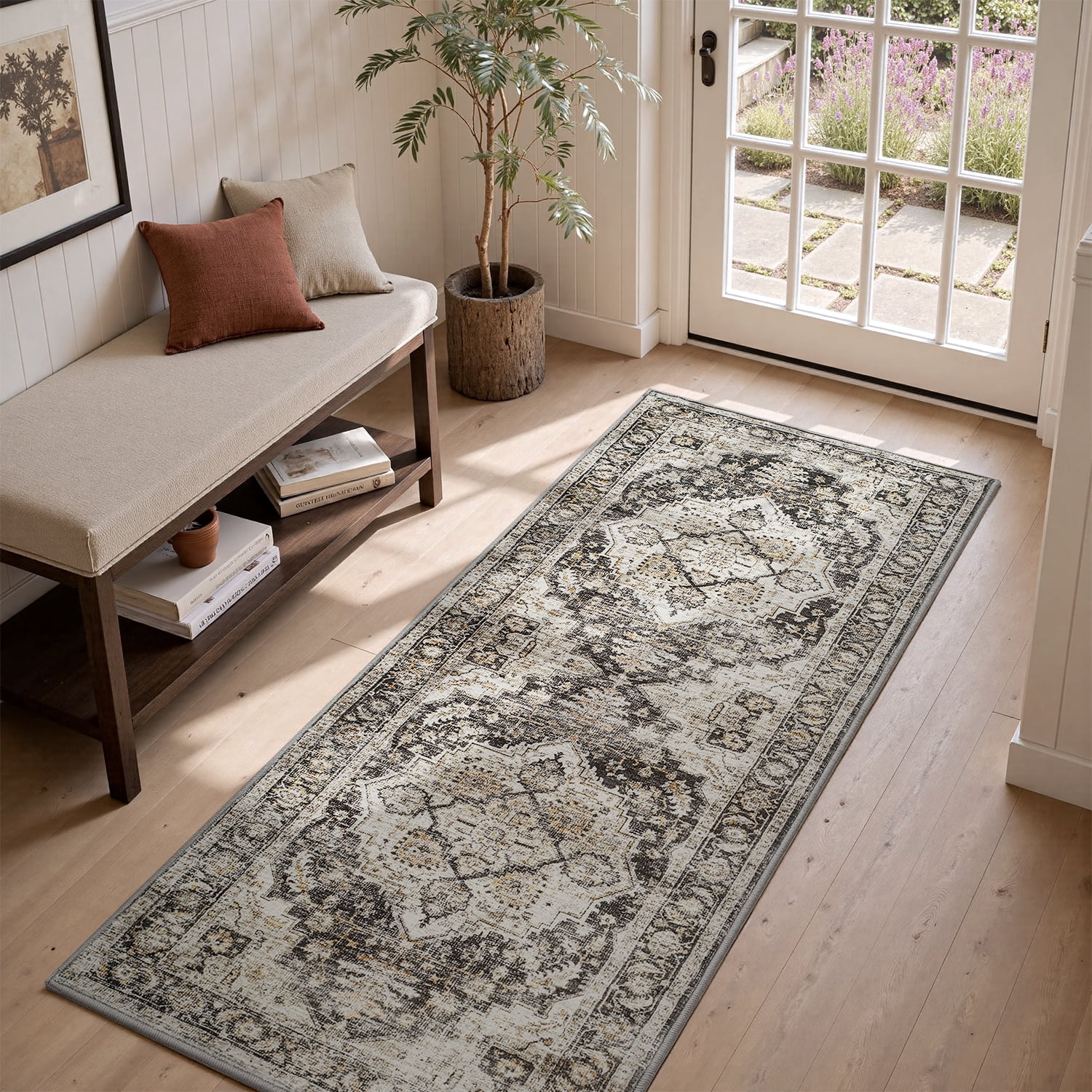 SIXHOME 3-Piece Kitchen Rugs and Runner Set Washable Vintage Kitchen Mat Non-Slip Low-Profile Rugs for Kitchen Sink Laundry Bedside 20"x32"+20"x48"+20"x59" Black