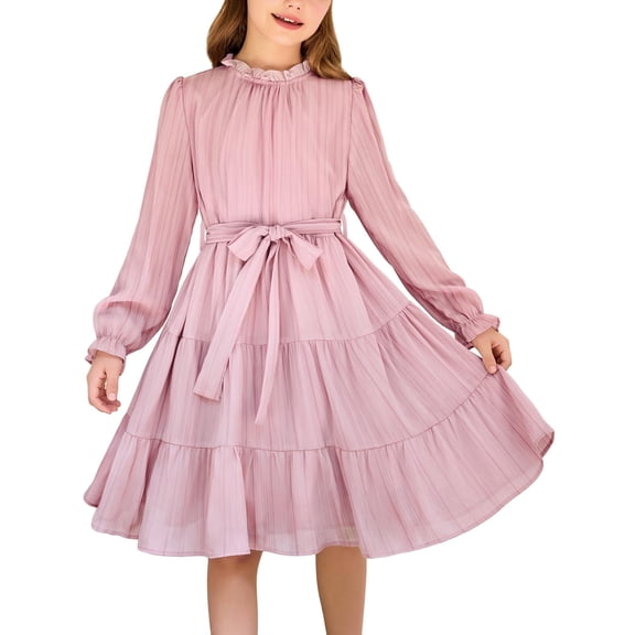 Arshiner Girls Fall Long Sleeve A-Line Dress Elegant Formal Occasion Tiered Swing Dress with Belt