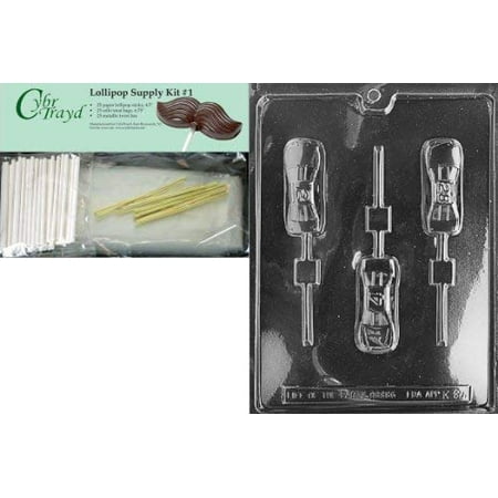 

Cybrtrayd 45StK25G-K084 Sports Car Pop Kids Chocolate Candy Mold with Lollipop Supply Bundle Includes 25 Lollipop Sticks 25 Cello Bags 25 Gold Twist Ties and Instructions