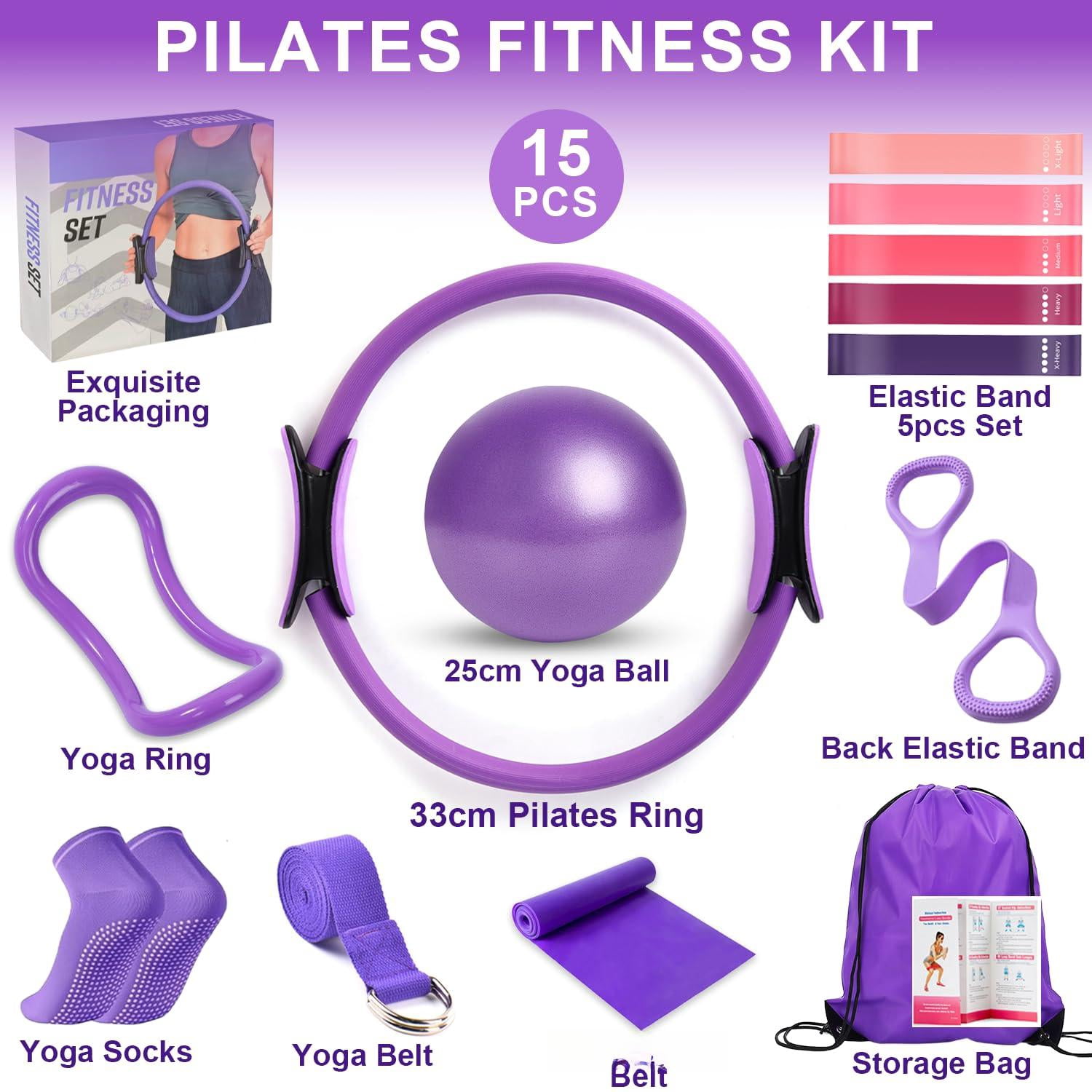 Pilates Ring Equipment Set  Home Kit For Women With 13'' Magic Dual Padded Handles Small Ball 5 Resistance Bands & Complete Fitness Guide Accessories