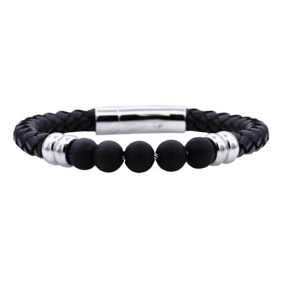 Arista Men's Genuine Onyx and Black Leather Beaded Bracelet in Stainless Steel, 8.5"