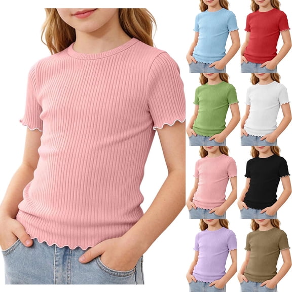 Yeglea Kids Scallop Ruffle Trim Ribbed Short Sleeve Top, Summer Solid Color Crew Neck Stretchy Fitted Casual Sweet T-Shirt Black,5-6 Years