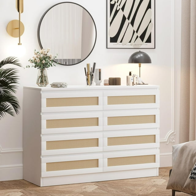 BeesClover Commode à 8 Tiroirs en Rotin de 47 Pouces, Commode Moderne Style Ferme, Meuble d'Appoint Commode pour Téléviseur pour Salon, Chambre, Entrée