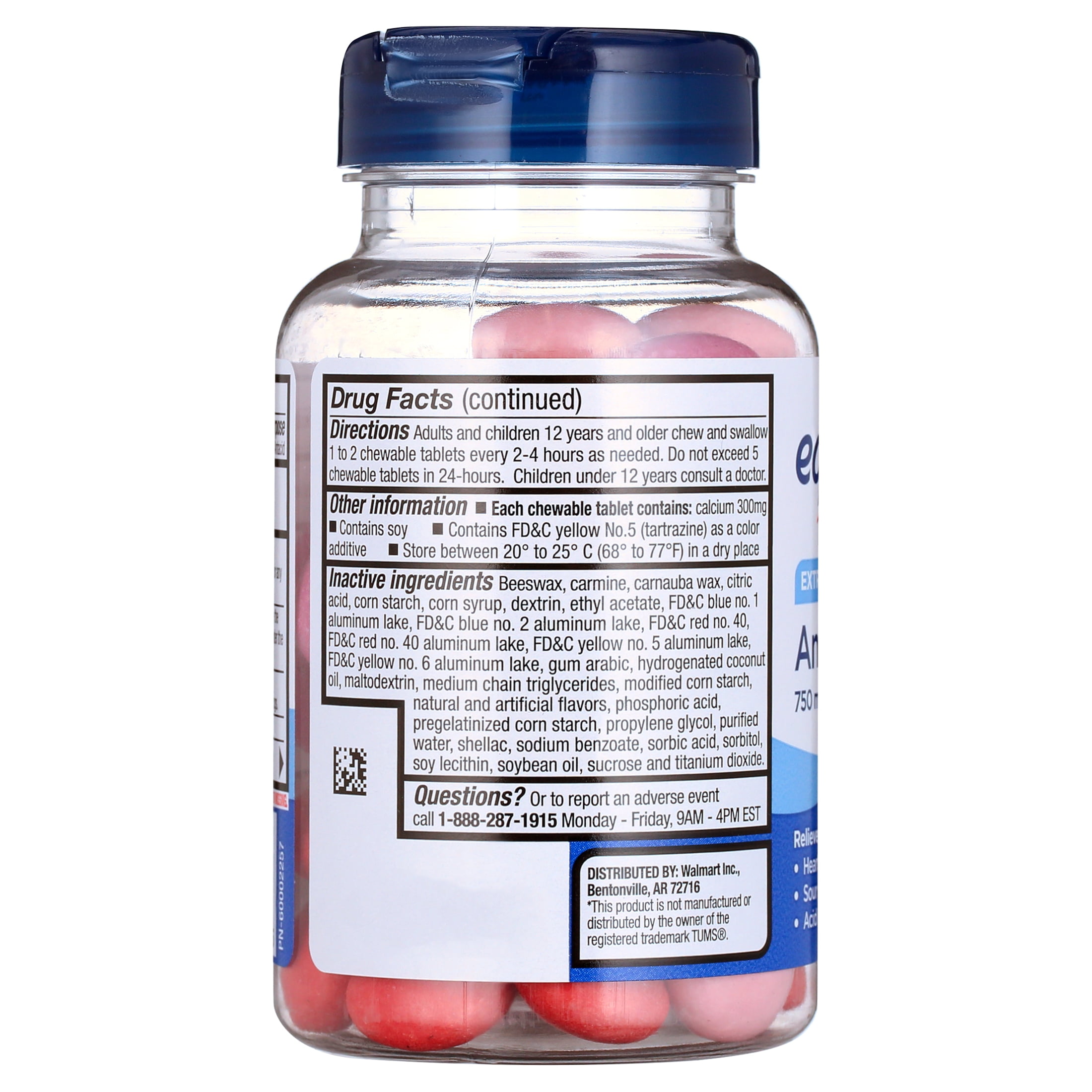 Equate Gluten-Free Calcium Carbonate Antacids Chewables for Digestive Concern, Acid Indigestion with Chewable Tablets, 750 mg, 60 Count