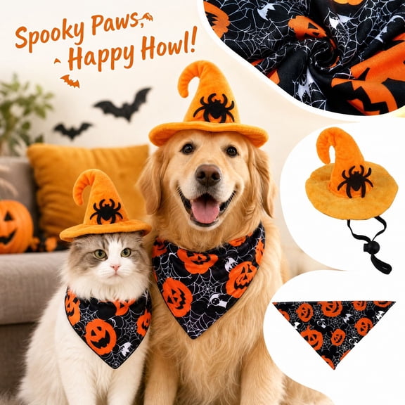 Halloween Dog Costume Set - 1Pc Pet Hat Scarf Funny Dress Up Accessory for Small Medium Dogs Cats