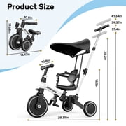 JoyStone 7 in 1 Foldable Tricycle for Toddlers with Adjustable Canopy, Detachable Backrest, Adjustable Seat and Handle and Parental Control Handle, Balance Bike for 1-4 Year Old Boys and Girls, White