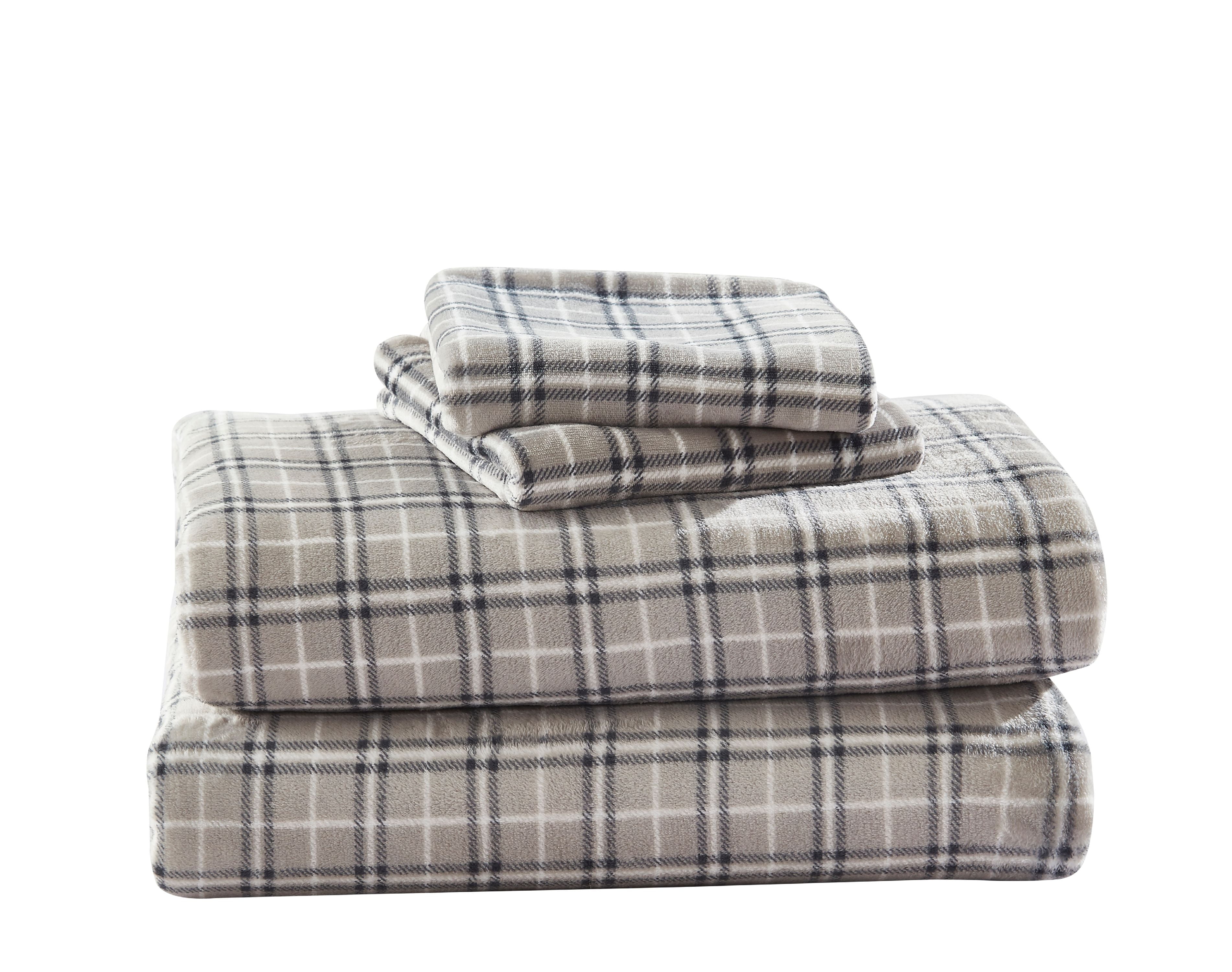 Warm and Cozy Super Plush Flannel Fleece Sheet Set, Grey Plaid, Twin