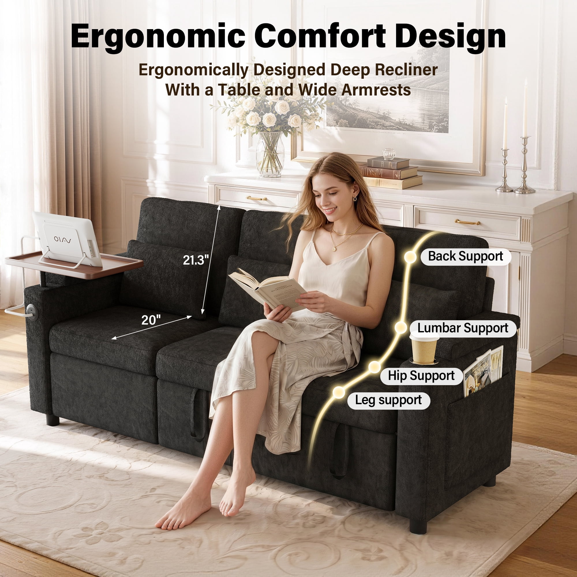 Aukfa 81" Convertible Sleeper Sofa,Chenille 3-in-1 Sofa Bed with Recliner,Center Table,USB Ports & Storage Armrests,Black