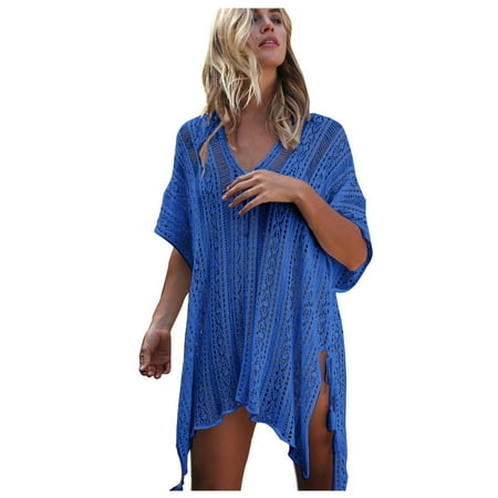 Idoravan Beach Cover up for Women Clearance Women Bathing Beach Cover Up Dress Bikini Swimsuit Swimwear Crochet Smock