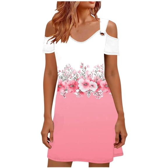 Rutainlusire Women's Spring Summer Trendy Ombre Floral Cold Shoulder Shift Dress Women's Unstructured Fashion Printed Camisole Beach Dress With Off-shoulder Short-sleeved V-neck Dress