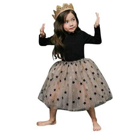 

Toddler Girls Casual Long Sleeve Ruffles Sequin Star Print Tulle Dress Clothes