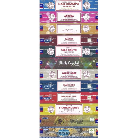 Satya Bangalore (BNG) Set of 12 Nag Champa Money Gold Black Crystal Aaruda Palo Santo White Sage Frank Tantra Blue Sage Dragon's Fire, VarietyPack04