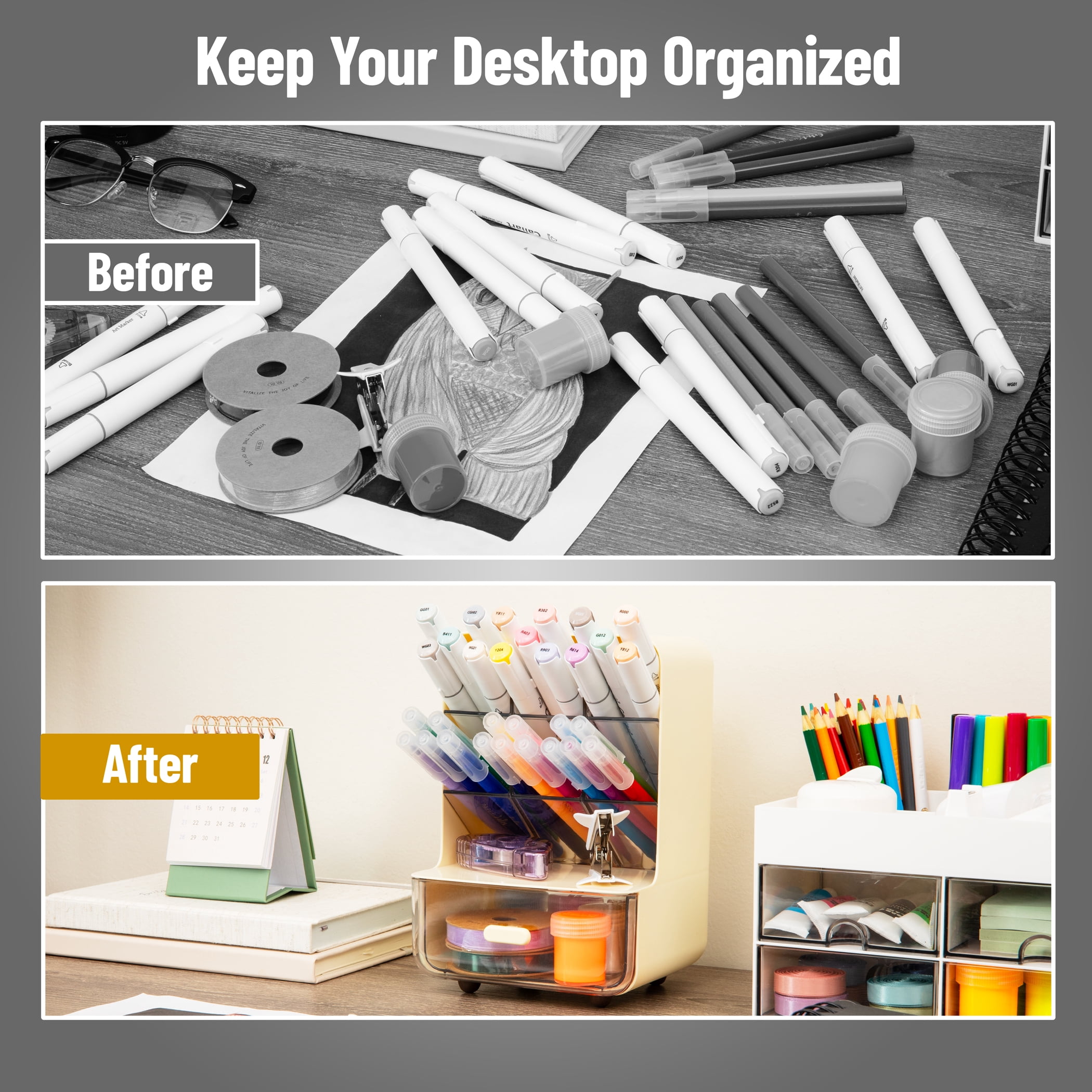 Mind Reader Compact Craft Supply Organizer with Drawer, 6 Slanted Compartments, Non-Skid Feet, Desktop Storages, Plastic, White