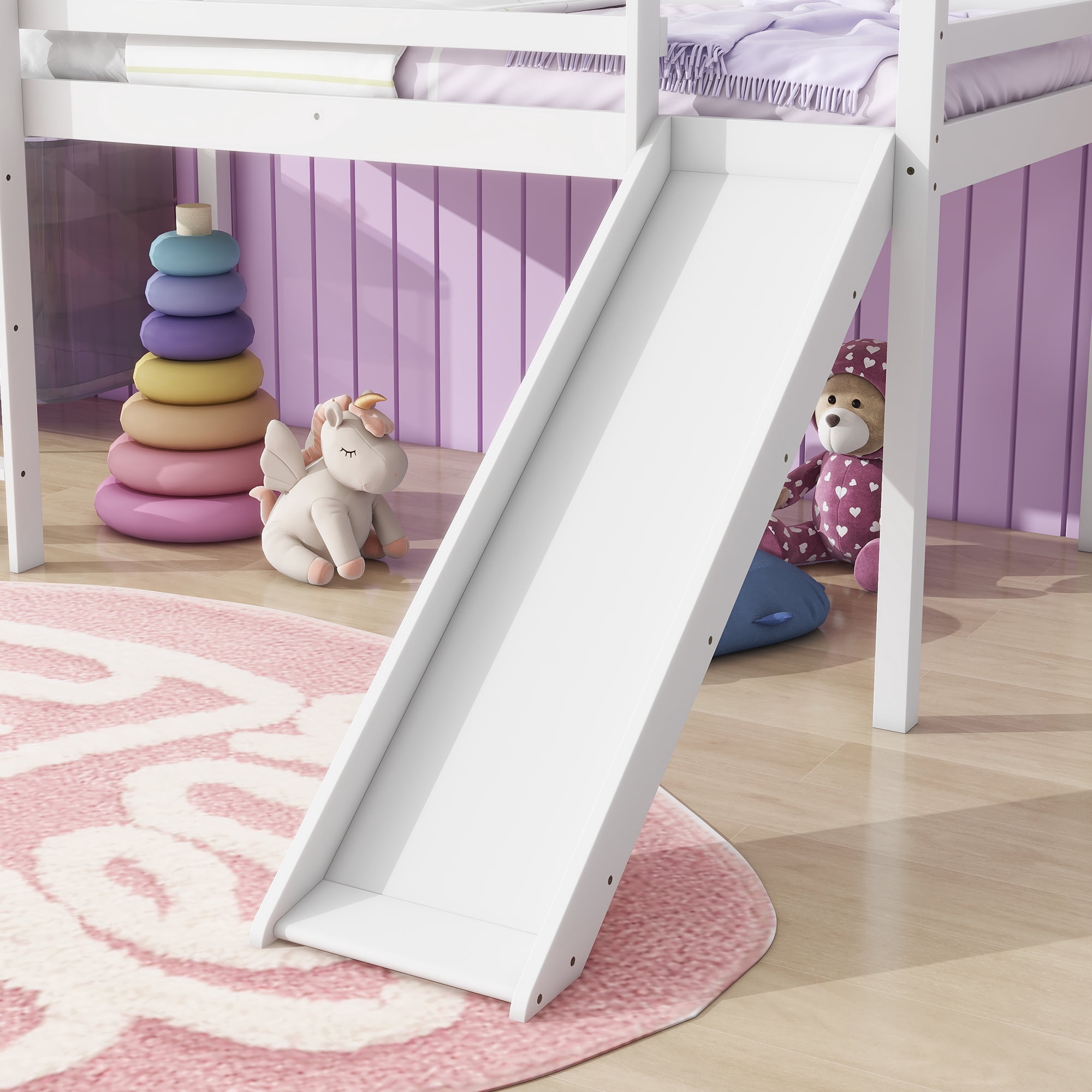 Alvantor Twin Loft Bed with Slide Sturdy Wood Loft Bed for Kids Teens, 300lbs, Safety Rails and Easy Assemble, White Oak