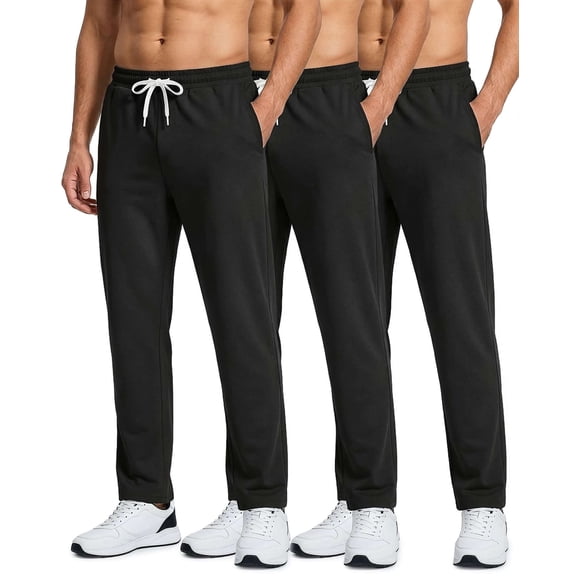Real Essentials 3 Pack: Men's French Terry Open Bottom Sweatpants - Casual Lounge Comfort Gym with Pockets