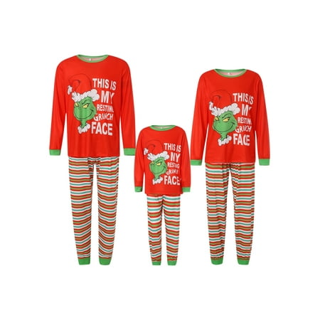 

EYIIYE Family Matching Christmas Pajamas Set Red Elf Print Long Sleeve Stripe Pants Cotton Jammies Sleepwear Pjs