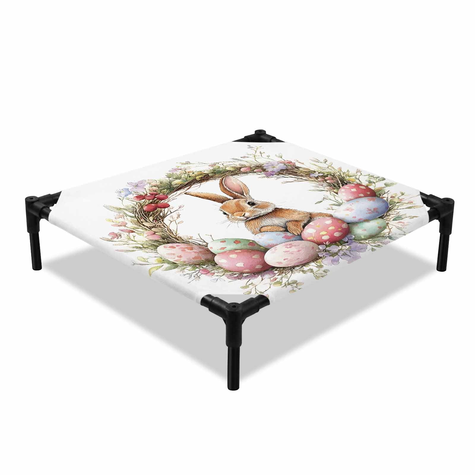 Easter Eggs Elevated Dog Bed Watercolor Cute Rabbit Eggs Spring Red Purple Floral Leaf Wreath Cooling Breathable Outdoor Raised Dog Cot Bed with Metal Frame Non-Slip Feet for Small Dog 20x20in