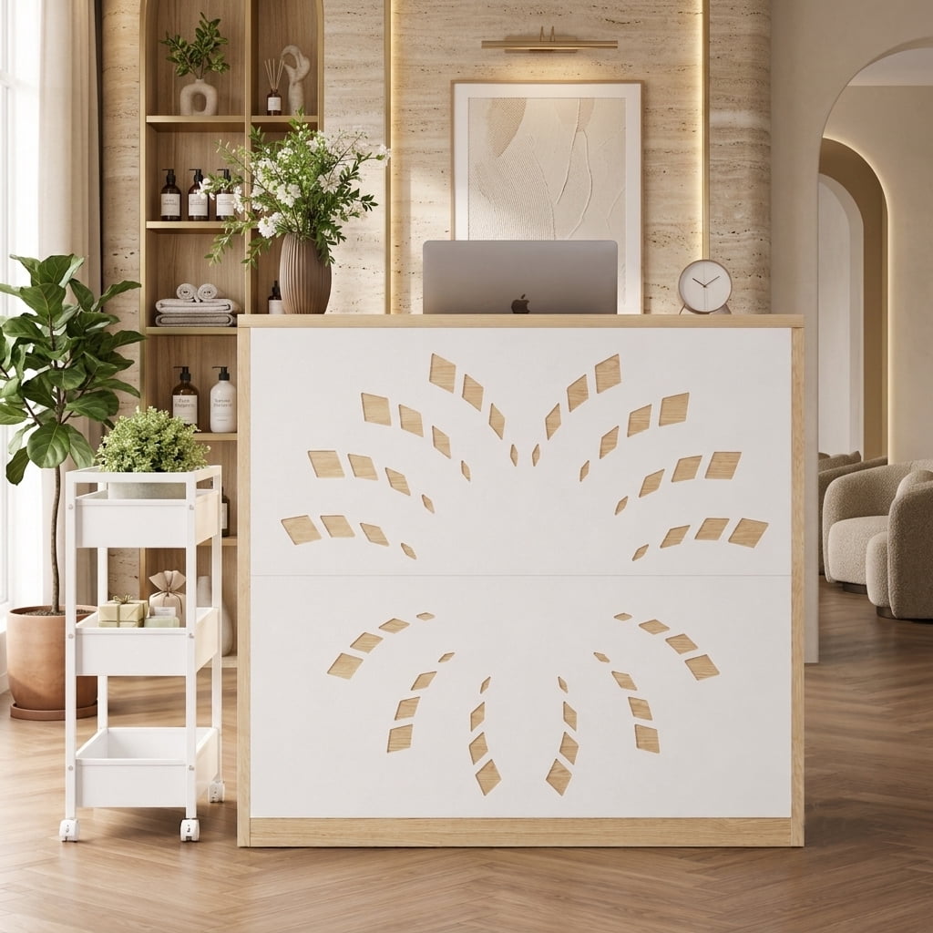 Aukfa Receptionist Desk with Mobile File Cart, Geometric Counter Desk with Power Outlets for Beauty Salon, Clinic & Home Office,Natural