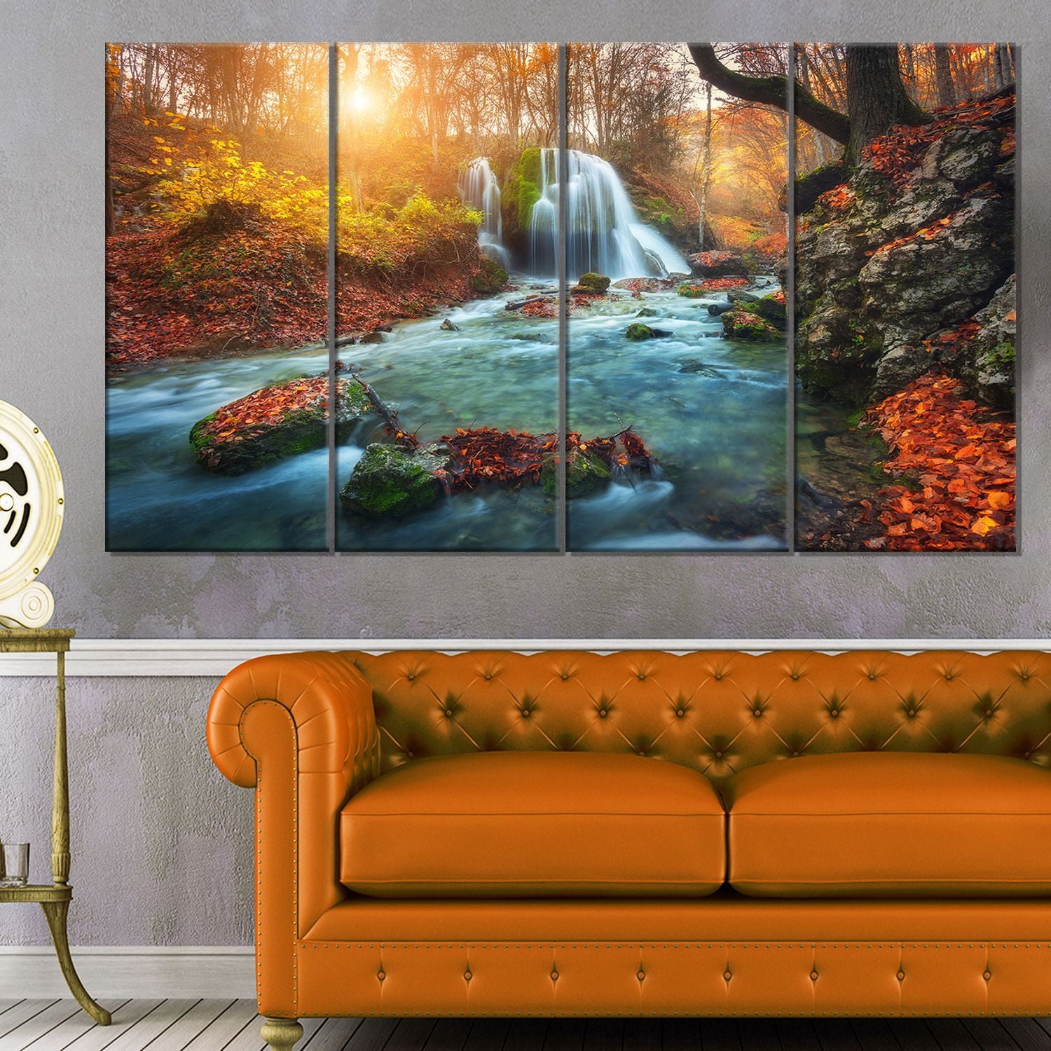 Design Art Fast Flowing Fall River in Forest Landscape Photo Canvas Art Print
