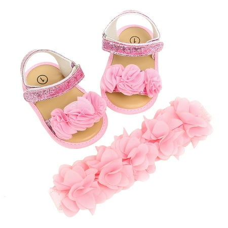 

Relanfenk Baby Sandals Infant Girls Rose Princess The Floor Barefoot Non Slip First Walkers Prewalker Shoes Hairband 2pcs Set