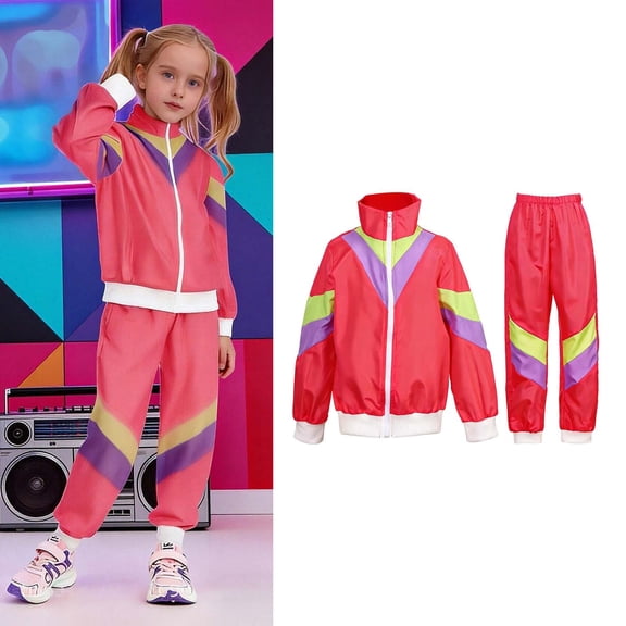 Girls Dance Disco Dance Long Sleeve Zipper Jacket and Sweatpants Outfit Set Disco Outfit Dance Performance Outerwear 8-9 Years