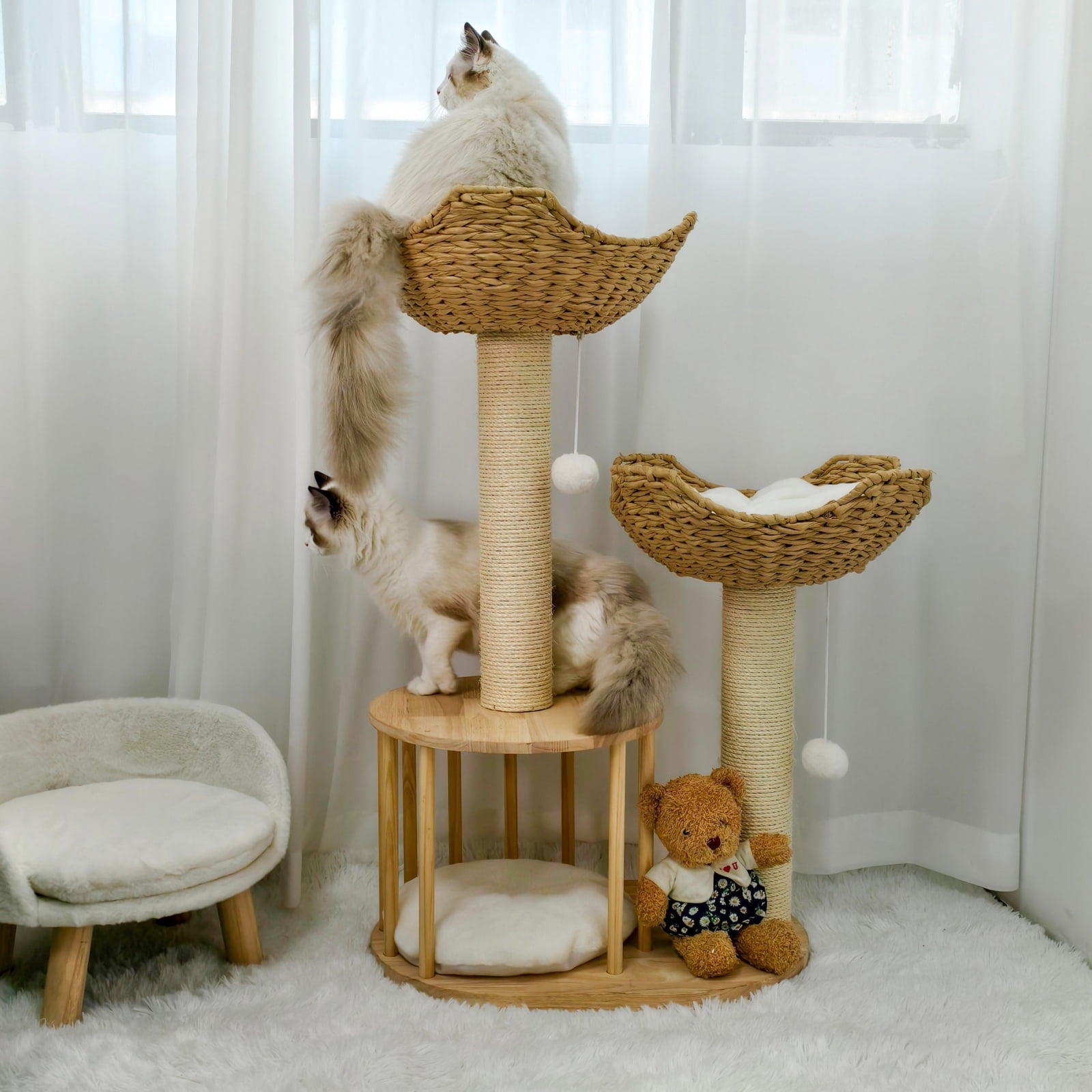 BingoPaw Wood Cat Tower Tree 3-tier Cat House Tree Activity Tower Condo Furniture with Plush Cushion
