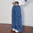 thumbnail image 6 of LWavelet Womens Tie Detail Cargo Wide Leg Jeans Multi Pocket High Waisted Daily Casual Denim Pants Blue L, 6 of 6