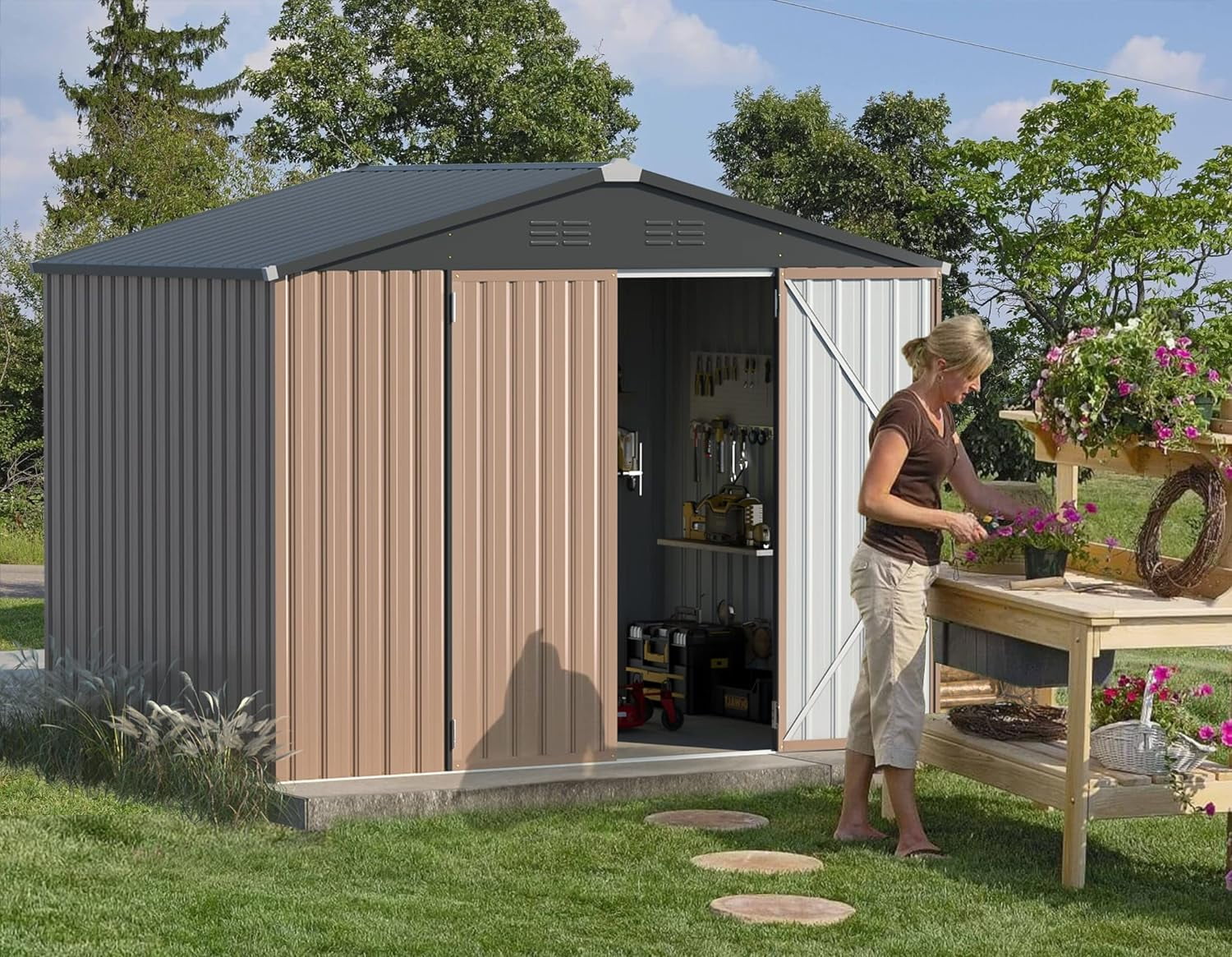 YODOLLA Long Sized 8.4x6.3 ft Outdoor Metal Storage Shed, Steel