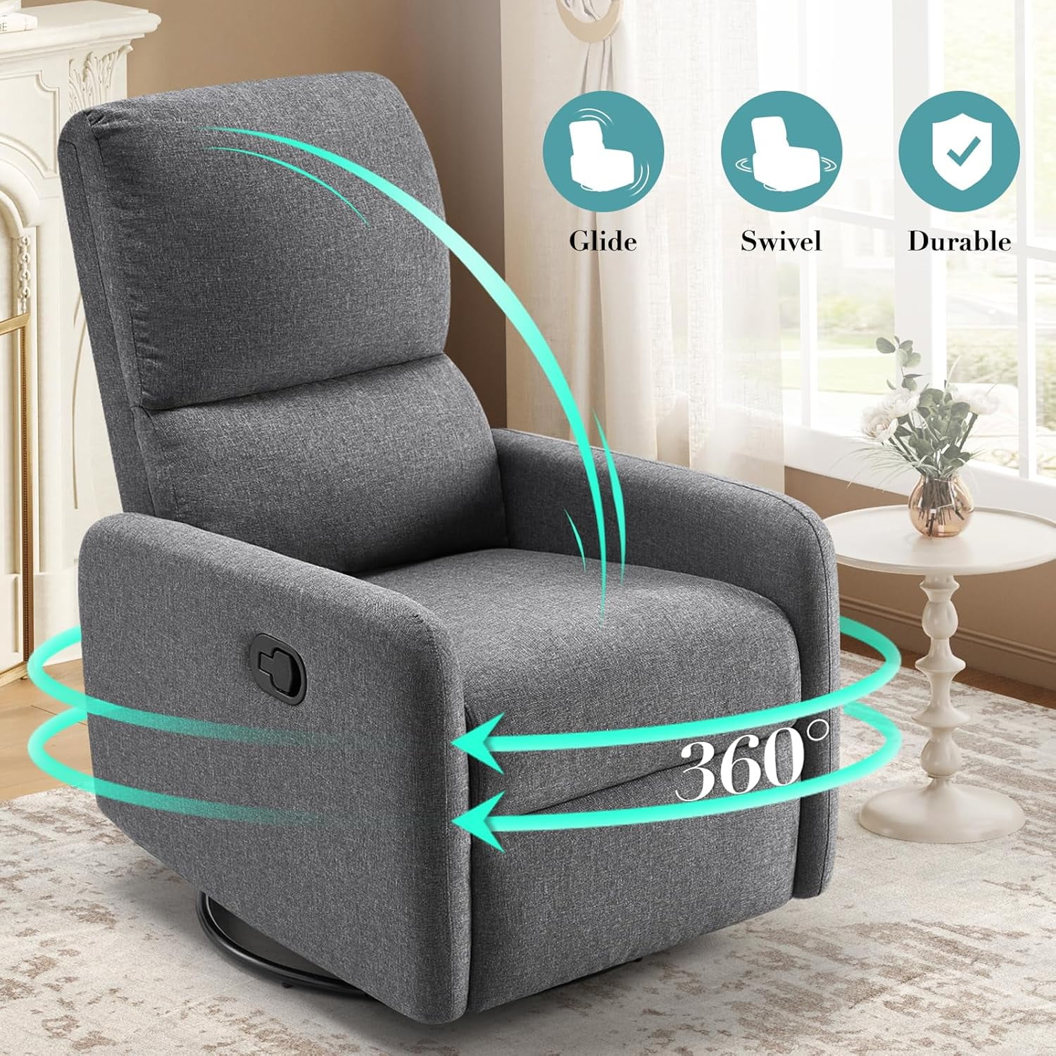 Jocisland Swivel Glider Rocking Recliner Chair for Adults, Nursery Rocker Reclining,  Upholstered Single Sofa Armchair for Living Room Bedroom Nursing, Linen Gray