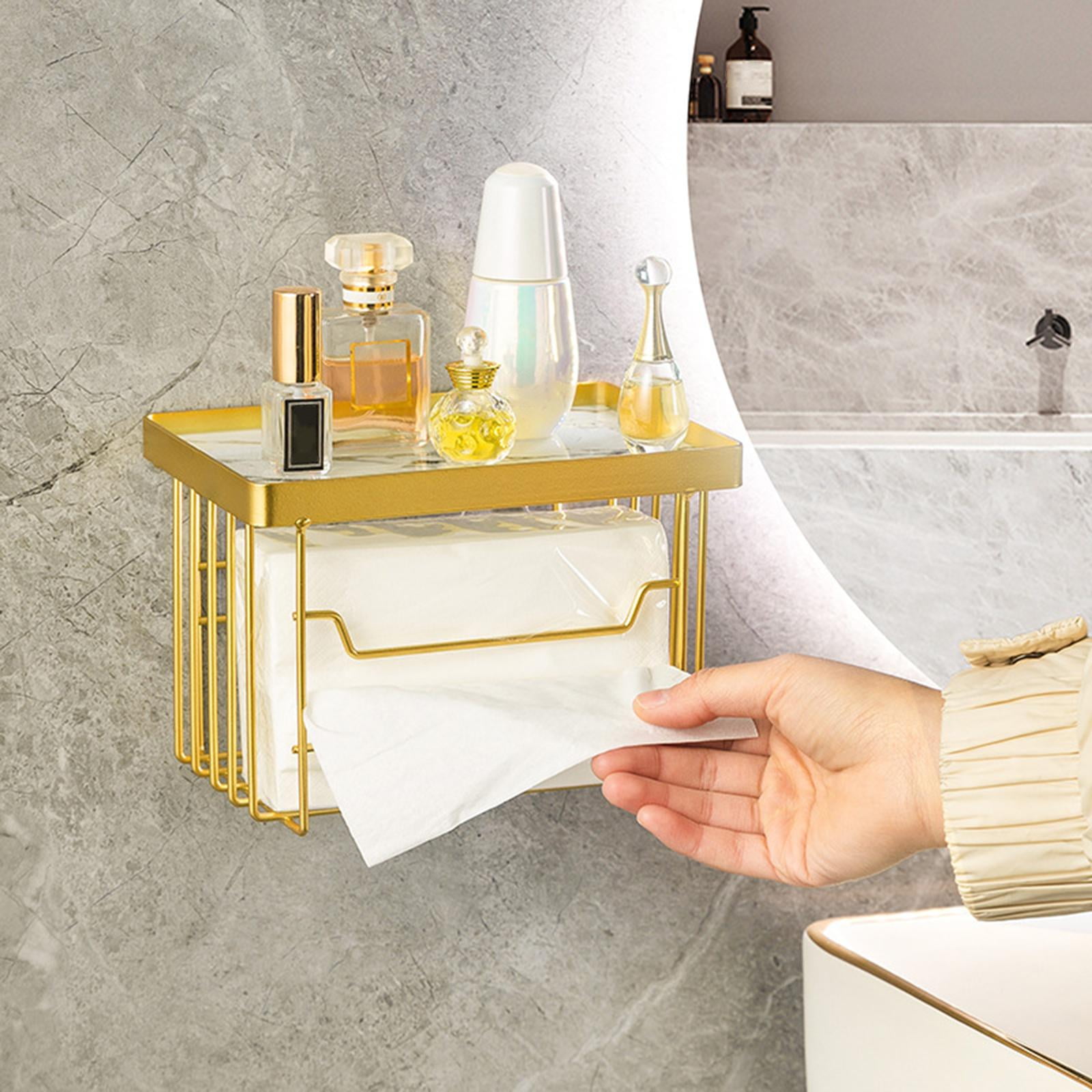 Fiocias Toilet Paper Holder with Shelf Self Adhesive Tissue Roll Dispenser and Organizer White Gold Tray
