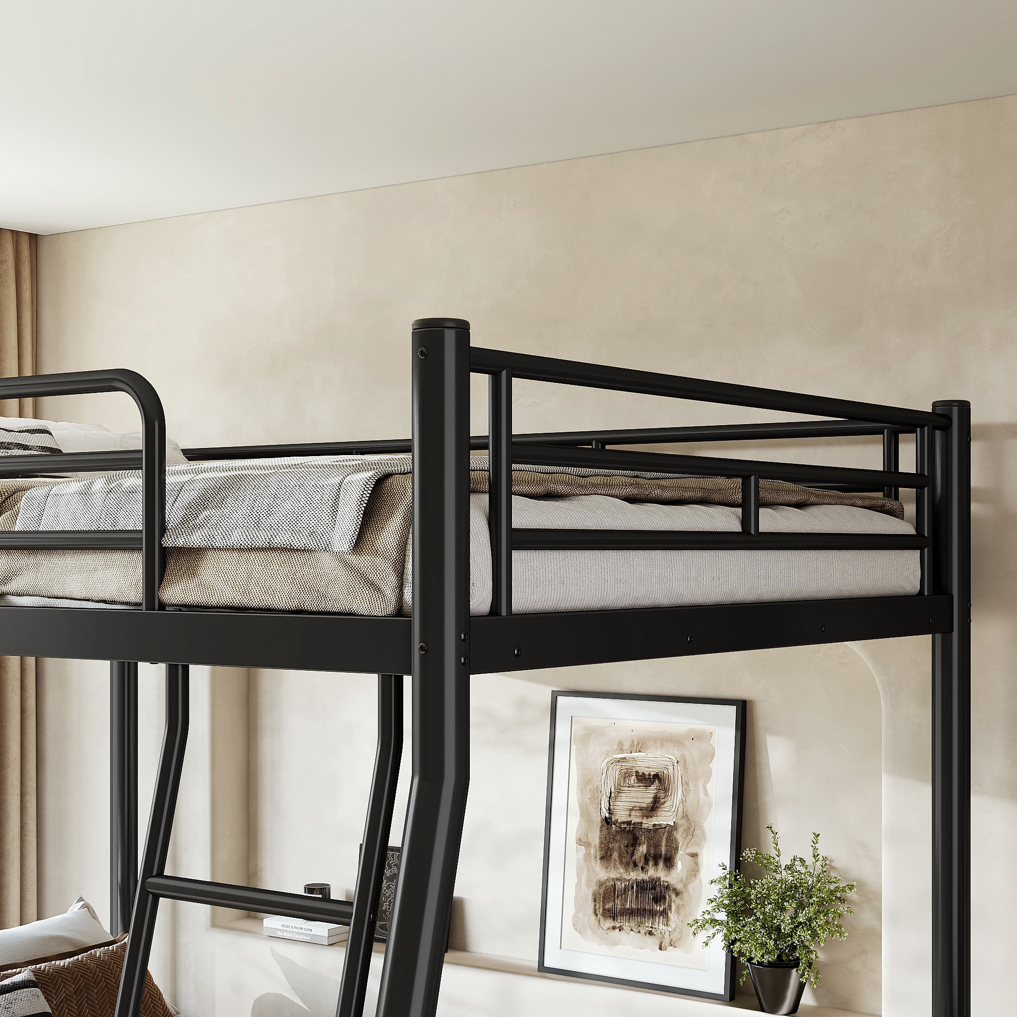 Leumius Full over Queen Metal Bunk Bed Frame with Dual Guardrails and Ladders, Heavy-Duty Quiet Design,Noise-Reduced,Black