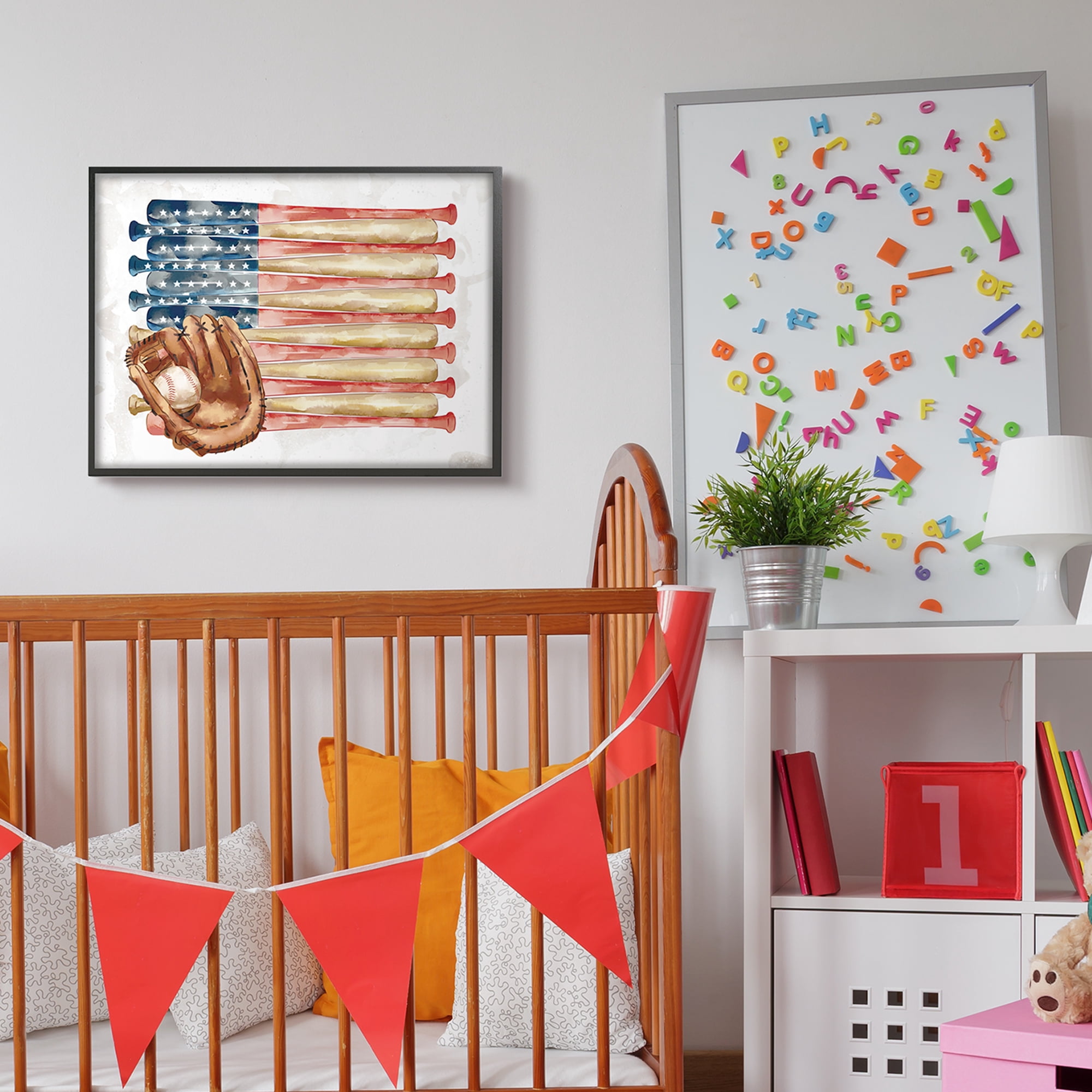 Stupell Industries American Baseball Flag Children's Sports Mitt Sports Painting Black Framed Art Print Wall Art, 24 x 30