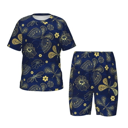 Luyuia Vintage Golden Butterfly Print Girls  2-Piece Tie-Dye Pajama Set  Cute Summer Loungewear with Shirt and Tank Shorts Nightwear-Large
