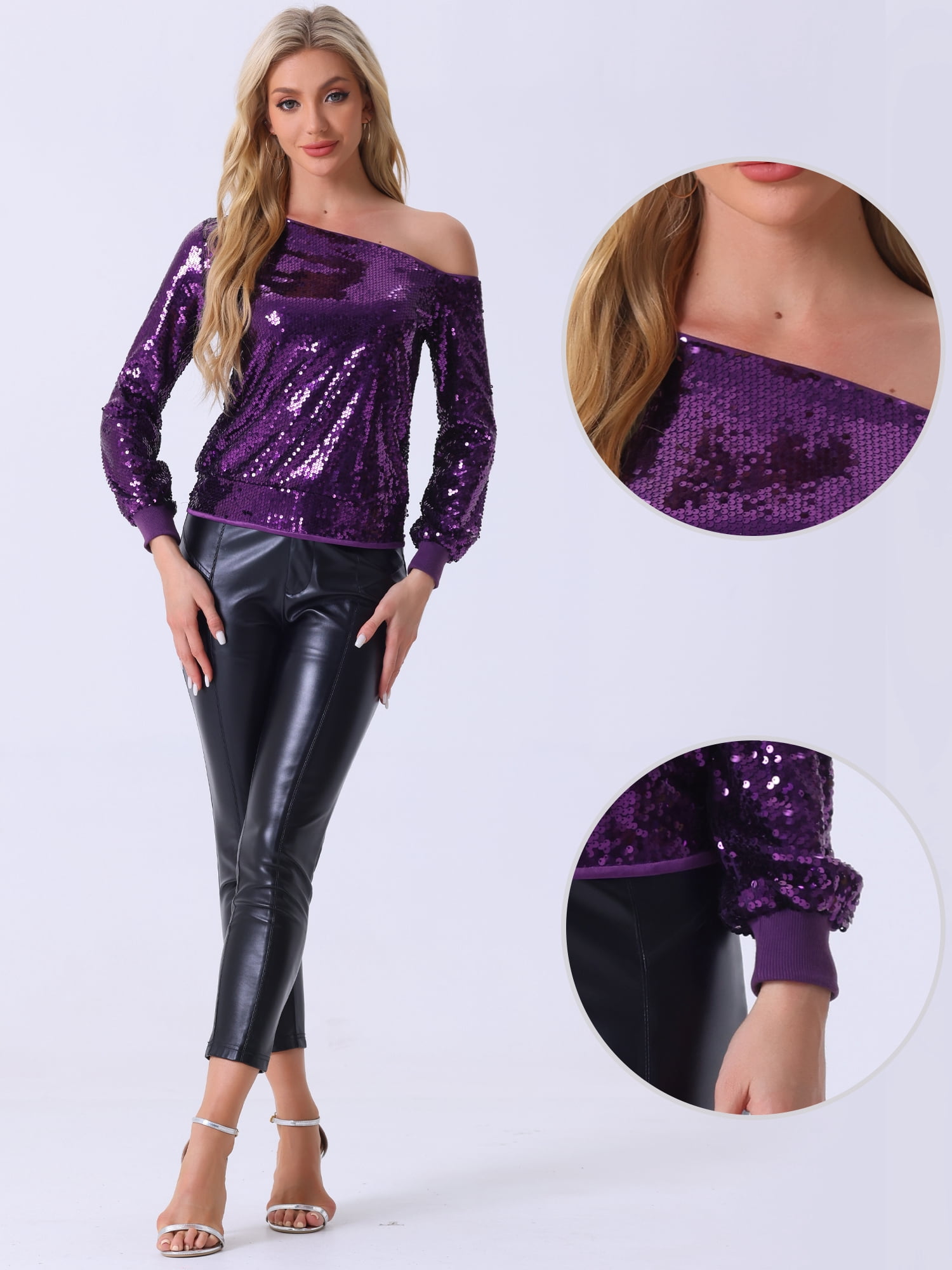DARING DIVA Women's Sequin Top Off-Shoulder Long Sleeve Tops S Dark Purple