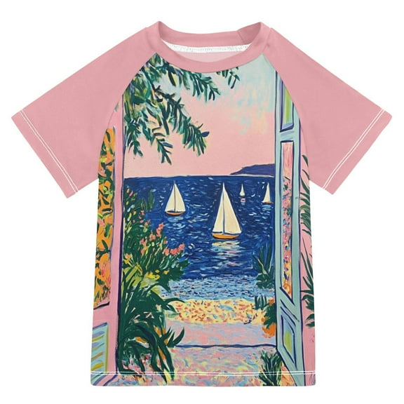 FORMRS Boys Rash Guard with Short Sleeves UPF 50 Swim Shirts Sizes 3-12T, Colorful Seaside