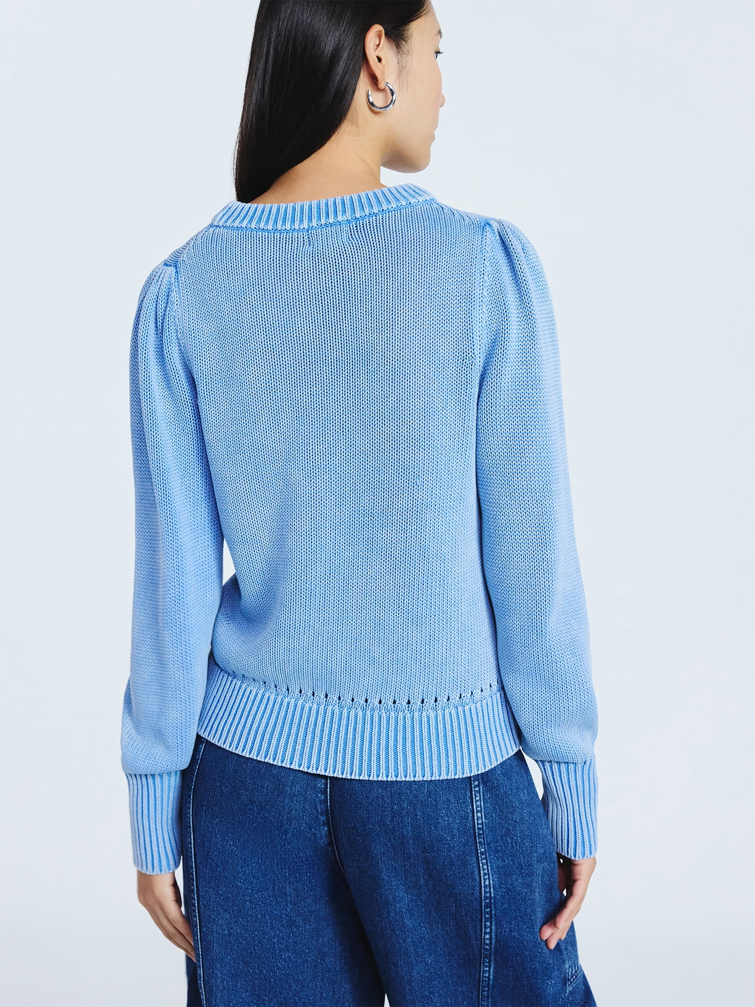 Scoop Women’s Acid Wash Cotton Sweater with Long Puff Sleeves, Midweight, Sizes XS-XXL