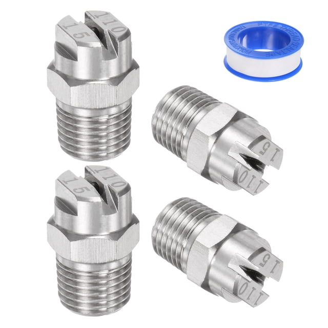 Punta de pulverización plana de 4 piezas a 110 grados, diámetro de 2.4 mm, macho 1/4 BSPT con cinta de sellado, tono plateado
