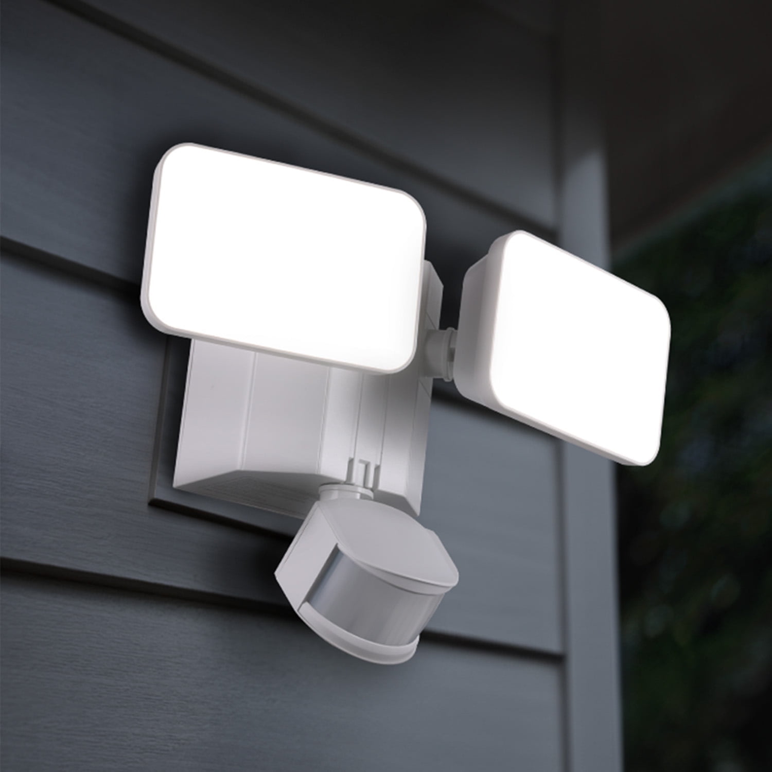 LED Flood Security Light with GFCI Outlets& Motion Sensor, Dusk to Dawn, 28W, Adjustable 2-Head, Wet Location, 5000K Daylight, ETL Listed, White