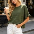 thumbnail image 7 of dazeni Summer Sweaters for Women Ruffle Flare Short Sleeve Knit Crochet Pullover Hollow out Oversized Crewneck Tops Army Green, 7 of 7