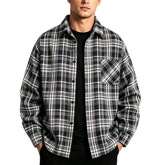 Lenpel Men's Oversized Shirts Plaid Long Sleeve Collared Button down Shirts Casual Loose Work Tops with Pocket Fall Clothes(Black bb2,X-Large)