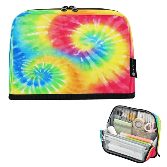 Standing Pencil Case with Base Large Capacity Stationery Pouch Pen Bag with Zipper for Women Men Tie-dyed Colorful Spiral Pattern