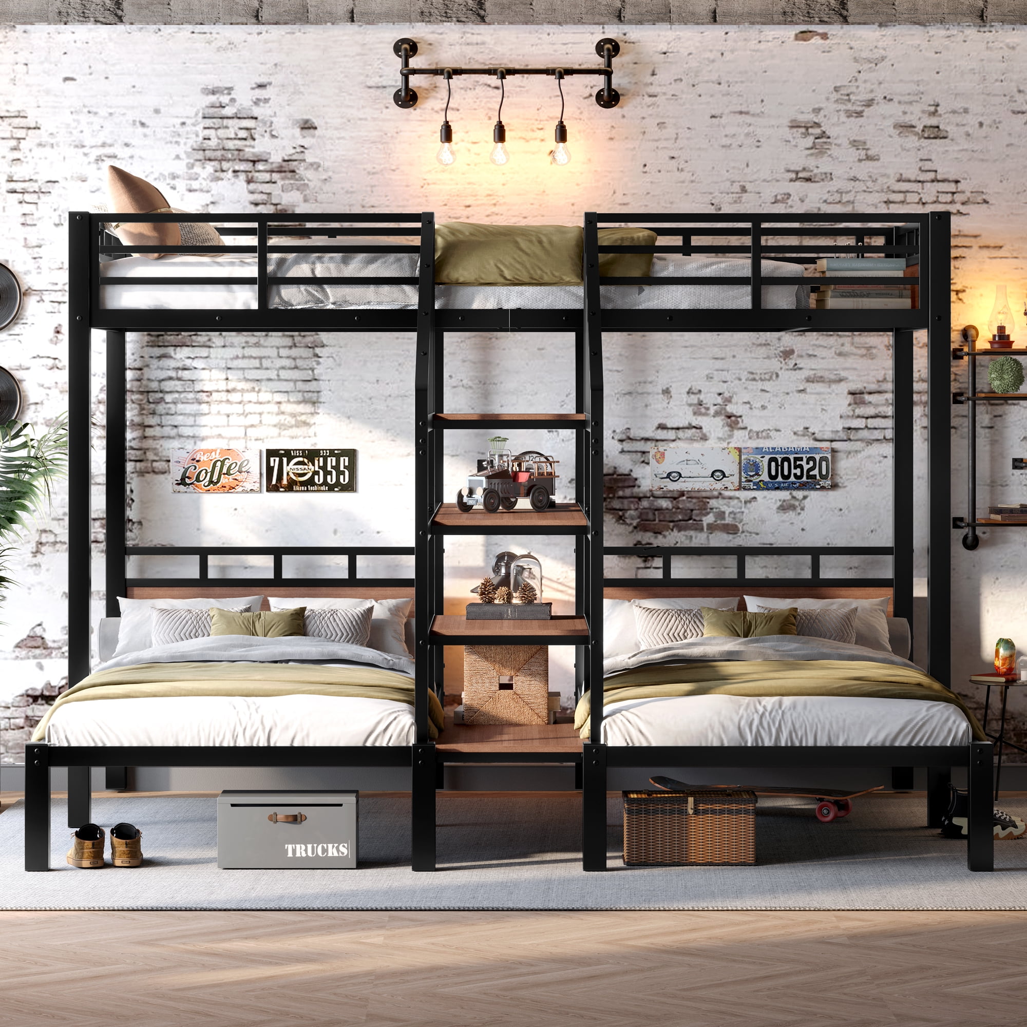 Triple Bunk Bed, Metal Bunk Bed, Twin over Twin over Twin with Storage Shelves, Headboard Shelf, Storage Stairs, Guardrails, 300 Lbs Each, Black for Kids Bedroom Dorm Hostel