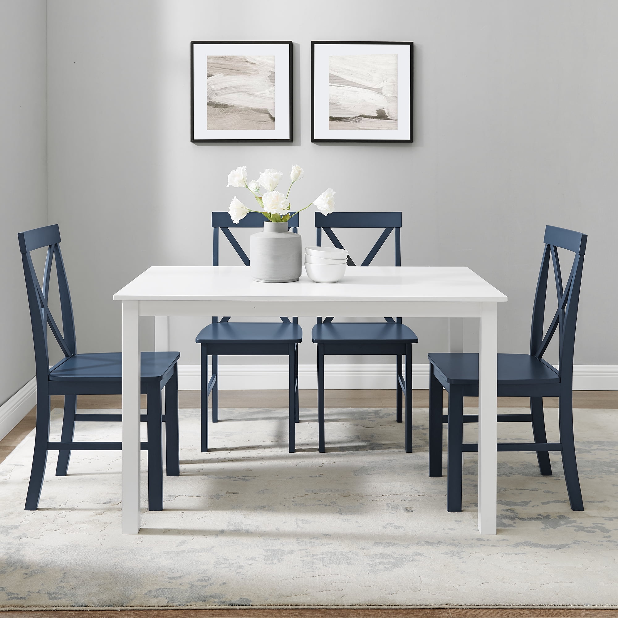 Manor Park 5 Piece Solid Wood Farmhouse Dining Set, White/Navy