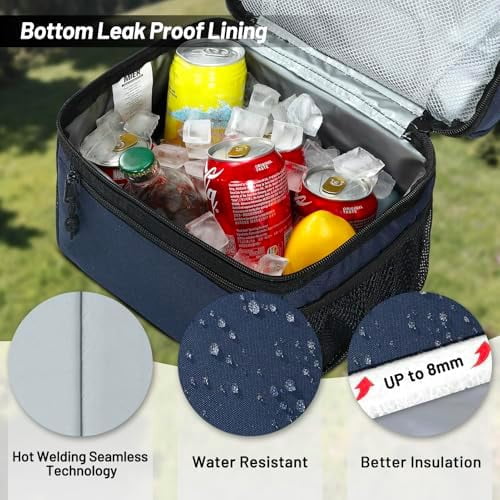 Insulated Lunch Box Dual Compartment Lunch Bag Leakproof Cooler for Men Women Adult Work, Navy Blue, Medium (Upgraded Extra-Tall Bottom Layer)
