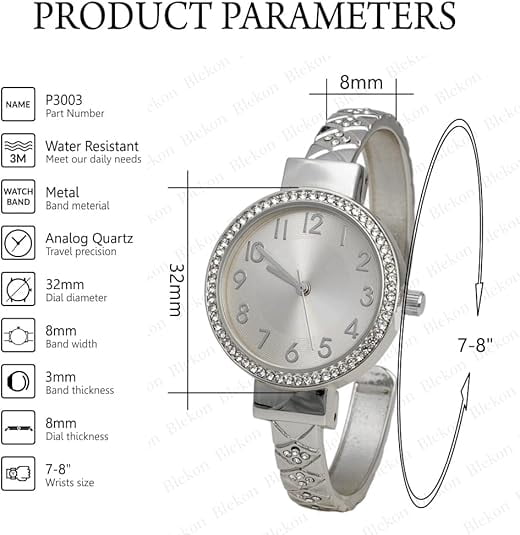 Blekon Collections Womens 32mm Case Plaided Designed Rhinestone Cuff Bangle Watch (Silver)