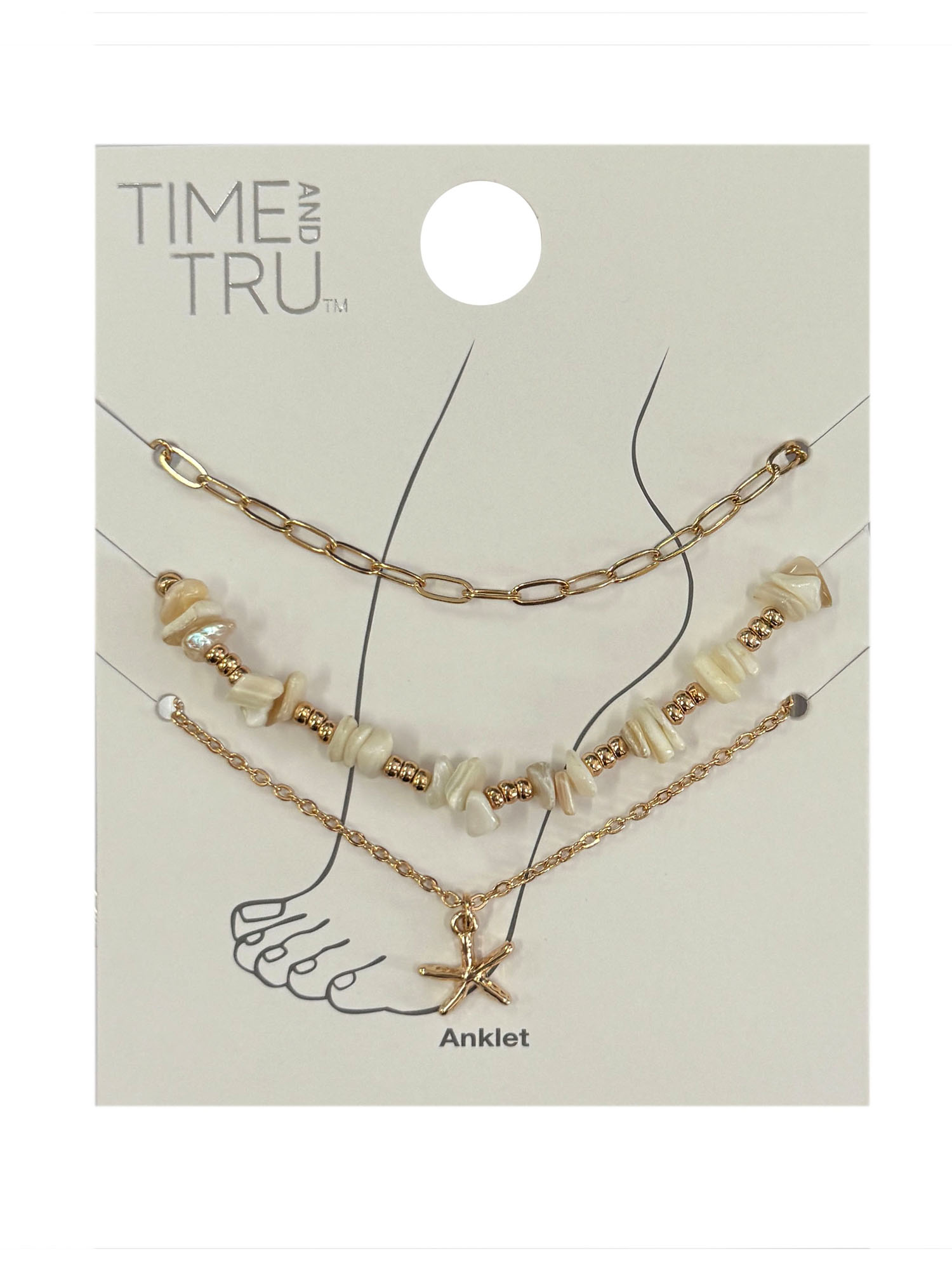 Time and Tru Ivory and Gold Plated Shells and Starfish Anklets for Female Adults and Teens, 3 pack