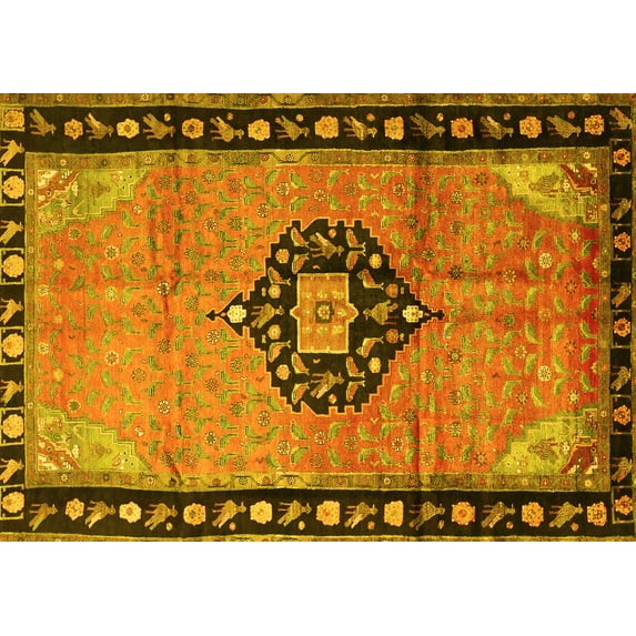 Ahgly Company Machine Washable Indoor Rectangle Medallion Yellow Traditional Area Rugs, 8' x 10'