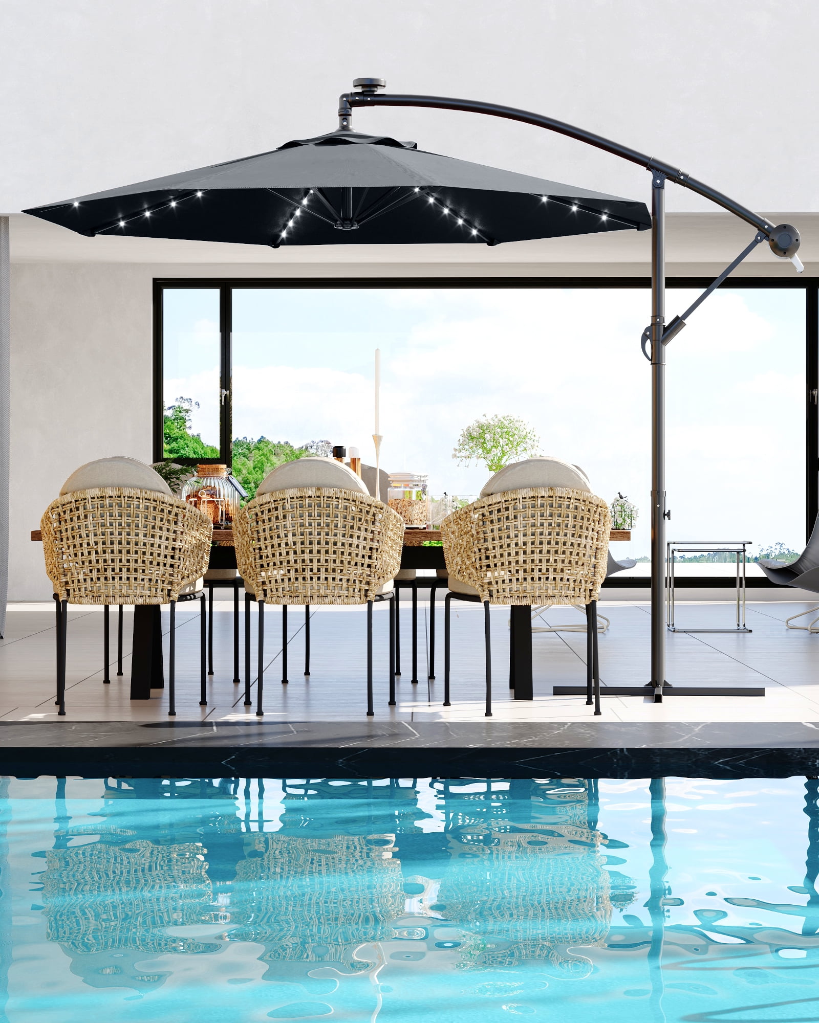 10ft Solar LED Offset Hanging Market Patio Umbrella for Backyard, Poolside, Lawn and Garden w/Easy Tilt Adjustment, UV Protection, Sturdy 8 Ribs - with 32 LED Lights